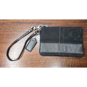 Coach 42025 Small Black Signature Shimmer Stripe Jacquard & Leather Wristlet